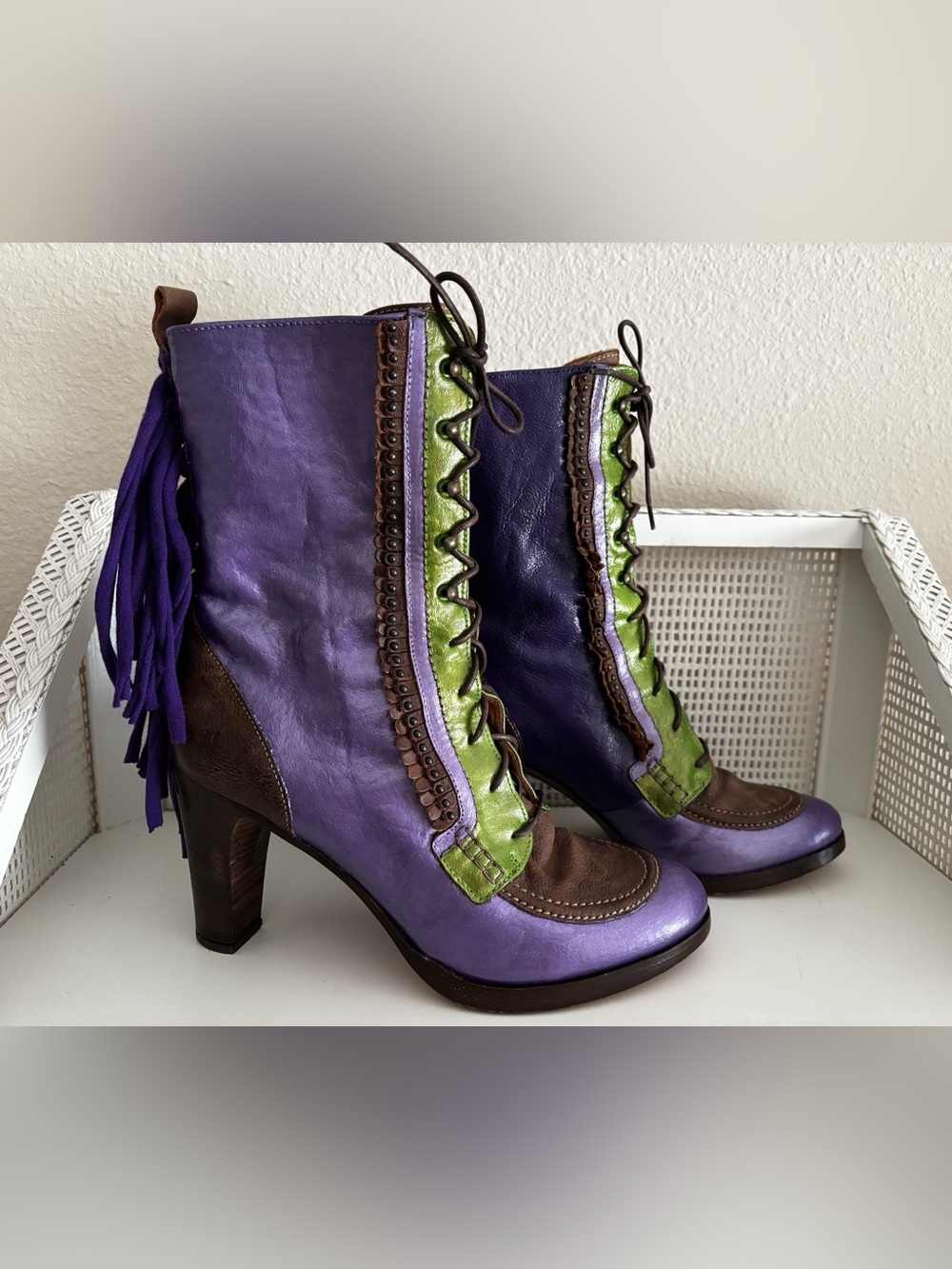 Custom FRYE Purple, Green & Brown Lace-Up Fringe Leather Boots - Picture 3 of 13